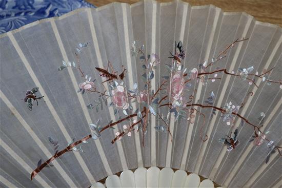 A boxed ivory fan, three other fans and a quantity of ladys gloves